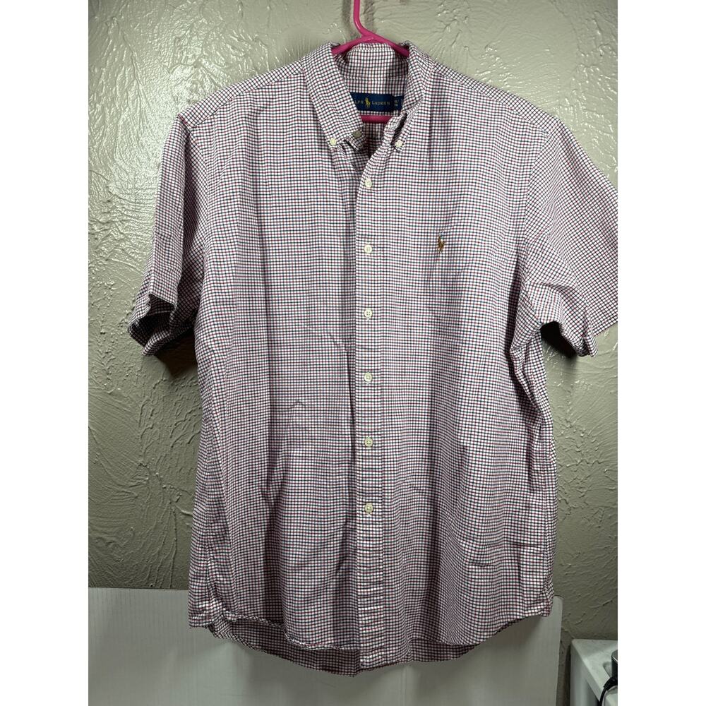 Ralph Lauren Button Up Shirt Mens Checked Short Sleeve Red‎ White Blue Size XL